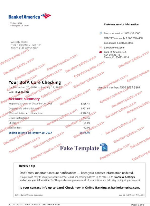 Bank of America Statement Template BOA Bank Statement Template
