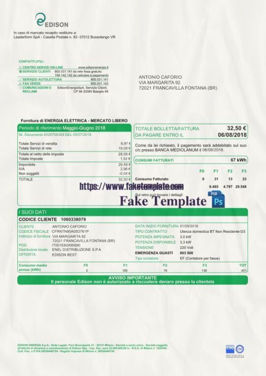 Italy Utility Bill Psd Template : Italy Proof of address Psd Template V2