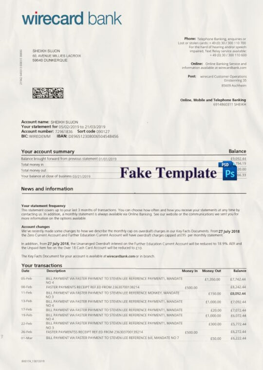 Wirecard Payoneer Bank Statement Template