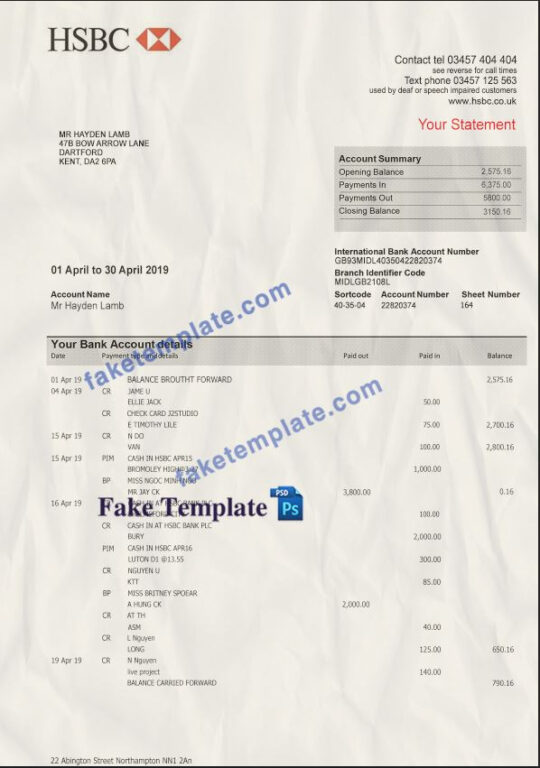 HSBC Bank Statement Template Psd